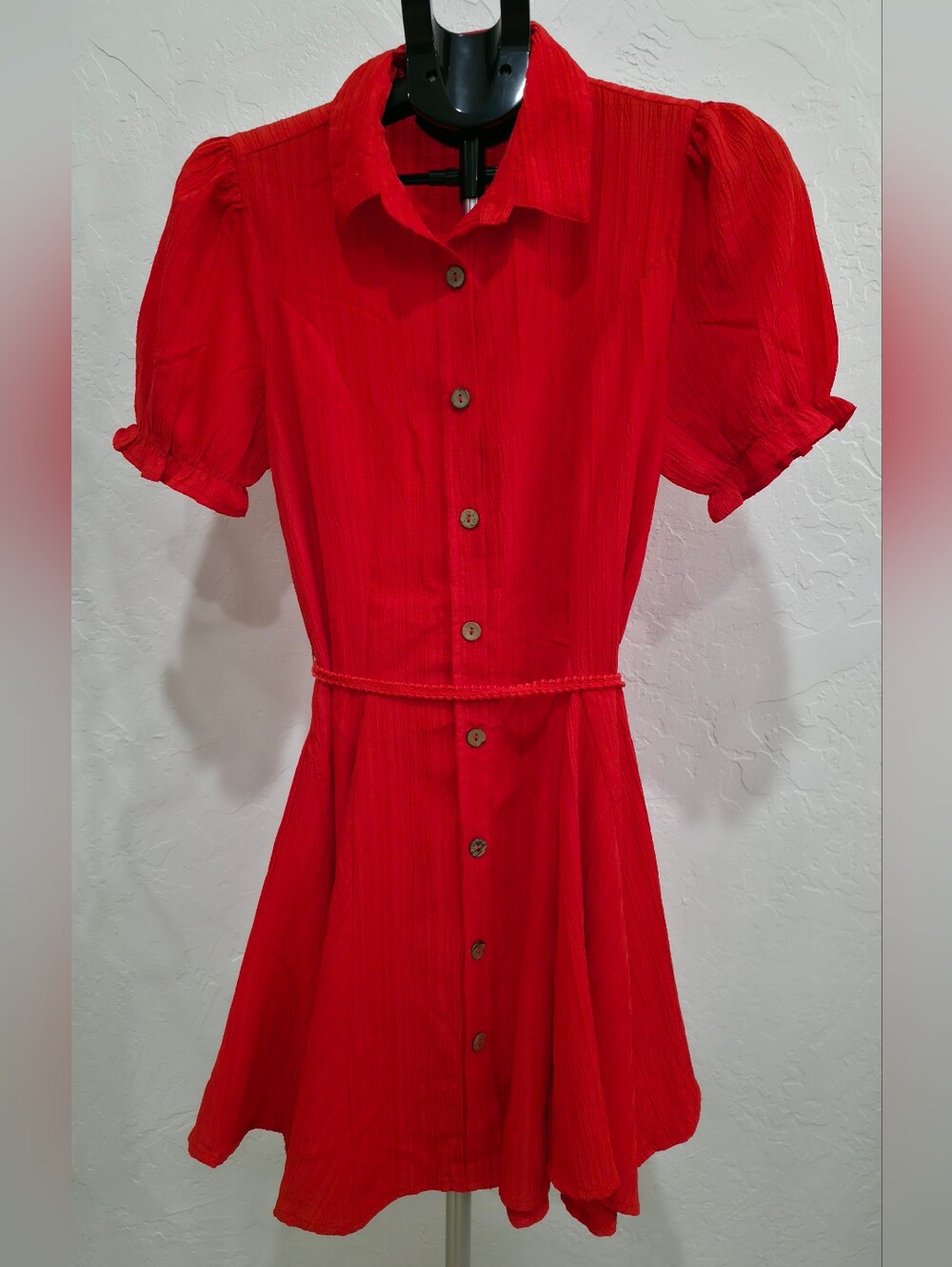 Blush Red Button-Front Puff Sleeve Dress